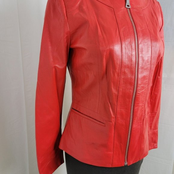 Tess Exotic Leather Jacket Size Small Red 100% Sheepskin Zip Solid UNIQUE RARE - Picture 3 of 16